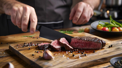 Chef's hands cutting a steak