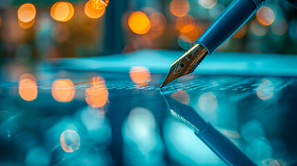 A fountain pen with a golden nib is writing on paper with soft bokeh lights in the background