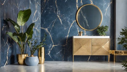 bathroom cabinet, dark blue and gold, marble detailed walls, 