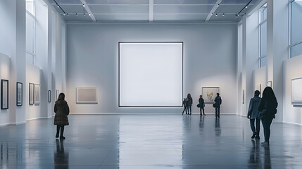 A large empty gallery with a mock up big screen on the wall and several people walking around.
