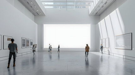 A large empty gallery with a mock up big screen on the wall and several people walking around.