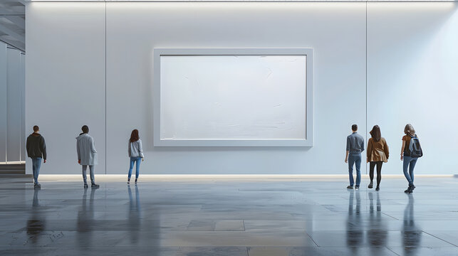 A large empty gallery with a mock up big screen on the wall and several people walking around.