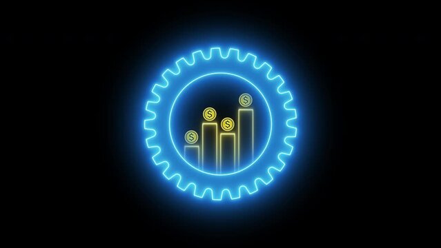 Money, profit, cashflow, investment, economy, finance and success concept. 4K motion graphic animation of dollar sign graph and chart with gears spinning around isolated on transparent background.