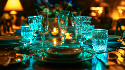 A table set for a dinner party each place setting featuring a unique piece of bioluminescent glassware. As the lights are turned off the table is illuminated by these glowing