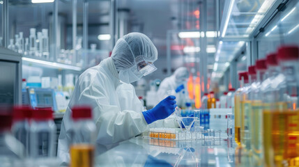 Professional researchers wear protective clothing working in the laboratory.