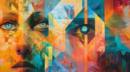 Illustrate a surreal scene of a group of people manipulating the fabric of reality with vibrant colors and geometric shapes Capture the essence of imagination and endless possibilities