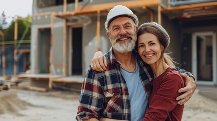 Obraz premium Happy couple standing near new under construction house. Background concept