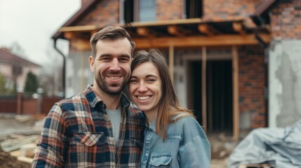 Happy couple standing near new under construction house. Background concept - obrazy, fototapety, plakaty