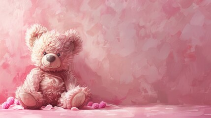 Fluffy Teddy Bear with a Gentle Smile Sitting Alone on a Pink Textured Background