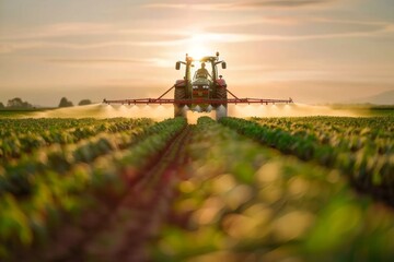 Fototapeta premium A tractor spraying pesticide on soybean farm at spring sunset.