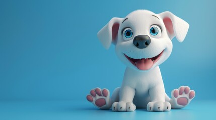 Cheerful White Puppy with Blue Eyes and Pink Tongue on Blue Background
