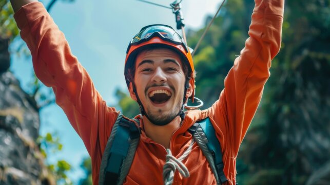 Exited man bungee jump extreme sport. Background concept