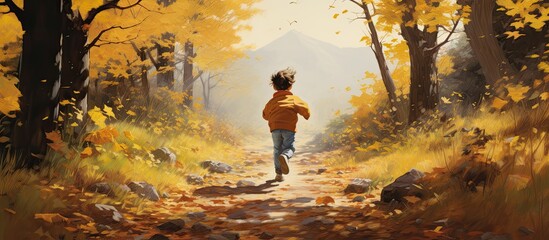 A young boy is sprinting through a woodland path surrounded by lush greenery and towering trees, resembling a picturesque painting of a natural landscape