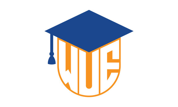 WUE initial letter academic logo design vector template. school college logo, university logo, graduation cap logo, institute logo, educational logo, library logo, teaching logo, book shop, varsity