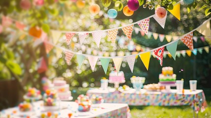 Summer birthday party on backyard with garland and cake. Background concept