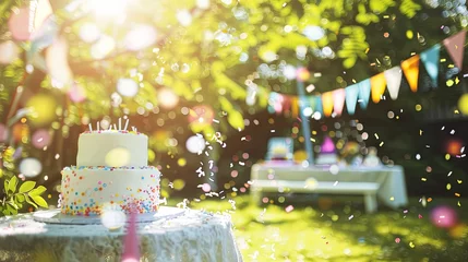 Fotobehang Summer birthday party on backyard with garland and cake. Background concept © PrettyVectors