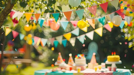 Summer birthday party on backyard with garland and cake. Background concept - obrazy, fototapety, plakaty
