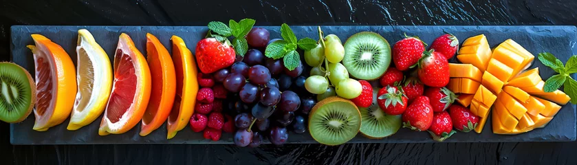 Fotobehang An avant garde fruit platter arranged to resemble a modern art painting with bold colors and shapes © ontsunan
