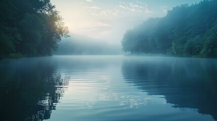 A serene lake at dawn, mist hovering over the water's surface