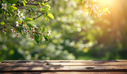 Slightly blurred out of focus wallpaper of tree branches and garden under sunlight from point of view of empty wooden table. - obrazy, fototapety, plakaty