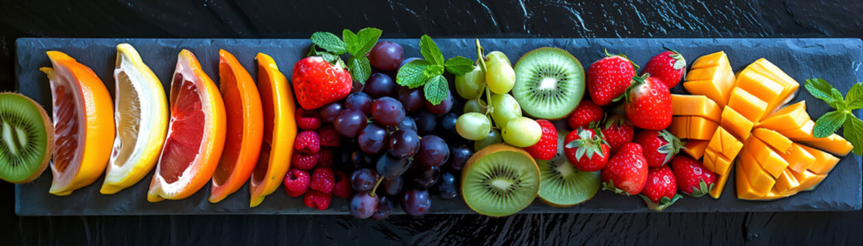 An avant garde fruit platter arranged to resemble a modern art painting with bold colors and shapes
