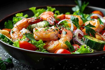 A refreshing seafood salad with droplets of water, emphasizing light and healthy choices