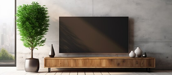 A spacious room features a sizable TV mounted on a wooden stand next to a lush potted plant - obrazy, fototapety, plakaty