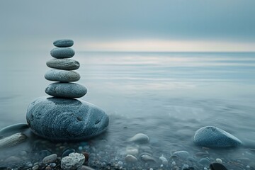 Fototapeta premium A minimalist composition of smooth stones stacked against a calm sea backdrop