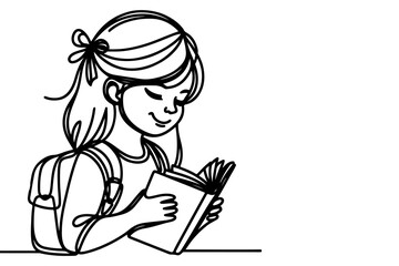 one continuous black line drawing young school girl with a backpack and carrying book Back to school concept outline doodle vector illustration on white background