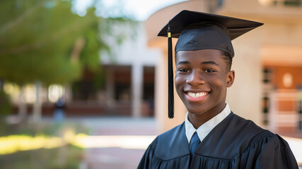 Happy young black man at a graduation ceremony room for text copy space