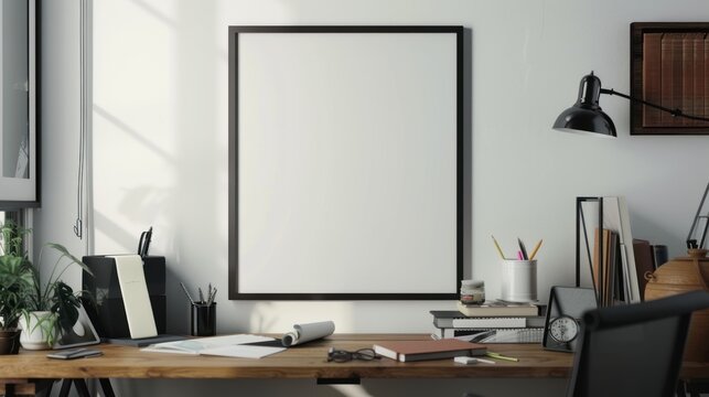 A mockup of an empty picture frame on the wall on a desk full of equipment. interior design