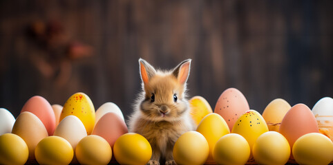 Easter bunny with eggs. Good Friday cute little rabbit sitting on the table surrounded by Paschal eggs.