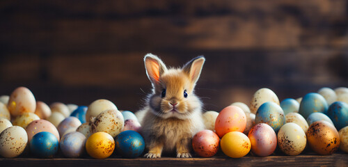 Easter bunny with eggs. Good Friday cute little rabbit sitting on the table surrounded by Paschal eggs.
