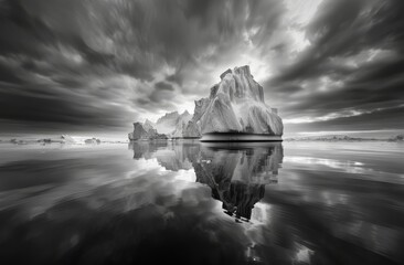 Beautiful Black and White Long Exposure of Iceberg in Water, Dramatic Iceberg Reflections.  Landscape Illustration.  Generative AI.
