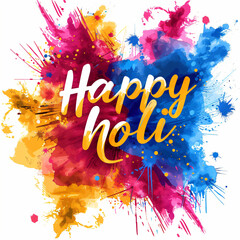 Lettering Happy Holi on colorful abstract background. Colorful powder explosion, gulal powder. Festival of Colors concept. Greeting card, banner, invitation template