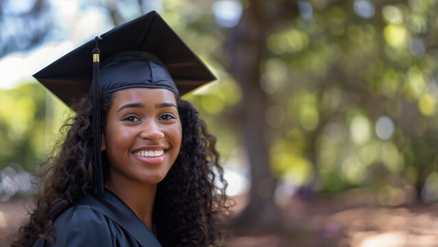 Happy young melanated girl at a graduation ceremony room for text copy space