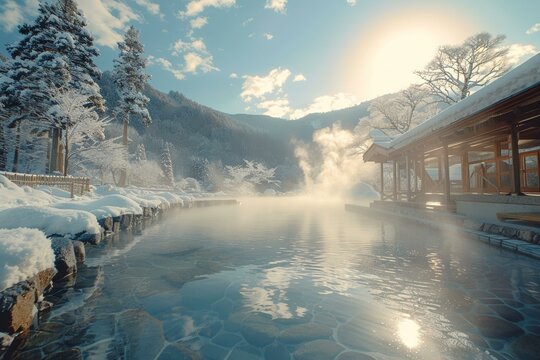 A hot spring surrounded by snow, steam rising into the cold air, a natural Zen spa