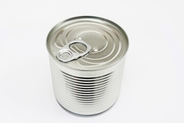 Food tin can not open high angle view, isolated white background