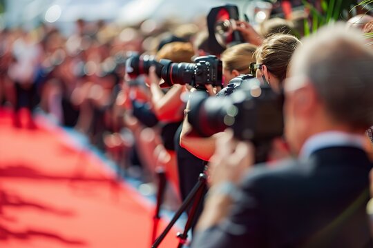 A glamorous red carpet event with celebrities posing for paparazzi cameras