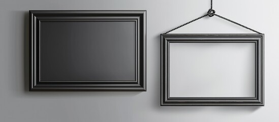 Wooden frame in black color, suspended on a white pin for a retro-style gallery decor.