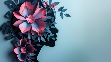 Illustration, blooming flowers in the structure of the silhouette of a woman's head with elements of blooming flowers.