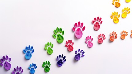 A footprints, paw print path Dog paws. Kitten. Paw prints of bright colors of animals, silhouettes on a white background.