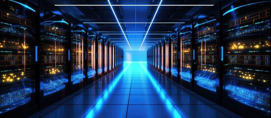 A long hallway in a building filled with servers in a data center, parallel rows in symmetry, illuminated by electric blue lights, powered by technology and electricity, surrounded by darkness
