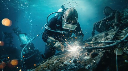 Underwater welders working at Sparks turn on lights on the seabed to repair submerged structures. Underwater welding by professional divers - obrazy, fototapety, plakaty