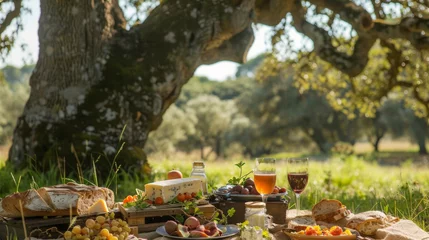  A traditional countryside picnic under a massive oak tree with a spread of fresh fruits local cheese and a rustic loaf of bread. © Justlight