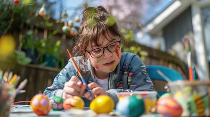 A young woman with Down syndrome enjoys a creative activity by painting Easter eggs for Easter in her backyard.