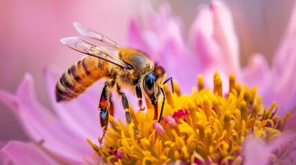 A macro view of a bee collecting pollen from a flower  AI generated illustration