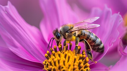 A macro view of a bee collecting pollen from a flower AI generated illustration