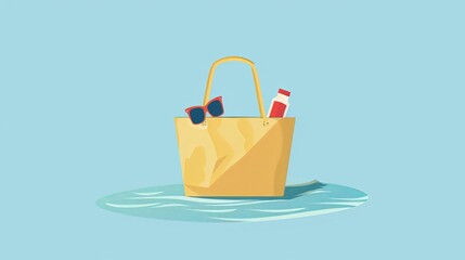 A minimalistic depiction of a beach bag filled with essentials like sunscreen and sunglasses AI generated illustration - obrazy, fototapety, plakaty