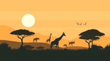 A minimalist representation of a wildlife safari with animals in their natural habitat AI generated illustration - obrazy, fototapety, plakaty